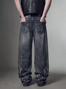 IRON GLYPH Manfinity Streetrush Men's Star Pattern Raw Edge Loose Wide Leg Jeans, Dark Grey Summer Streetwear Cyber Punk Casual Low Waisted Grunge Back-To-School - Black - View 2