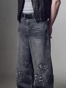 IRON GLYPH Manfinity Streetrush Men's Star Pattern Raw Edge Loose Wide Leg Jeans, Dark Grey Summer Streetwear Cyber Punk Casual Low Waisted Grunge Back-To-School - Black - View 3
