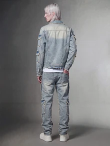 IRON GLYPH 2 件男士休闲套装包括长袖破洞牛仔夹克和牛仔裤，适合秋季 - 淺色水洗藍 - 查看 2