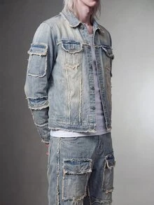 IRON GLYPH 2 件男士休闲套装包括长袖破洞牛仔夹克和牛仔裤，适合秋季 - 淺色水洗藍 - 查看 1