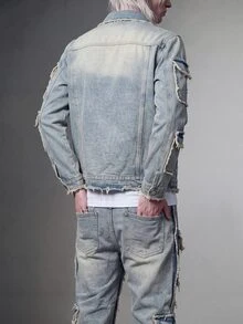 IRON GLYPH 2 件男士休闲套装包括长袖破洞牛仔夹克和牛仔裤，适合秋季 - 淺色水洗藍 - 查看 3