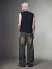 Manfinity EMRG 男士仿旧深蓝色复古褪色棕色宽松直筒牛仔裤，街头风格 - 棕色 - 查看 5