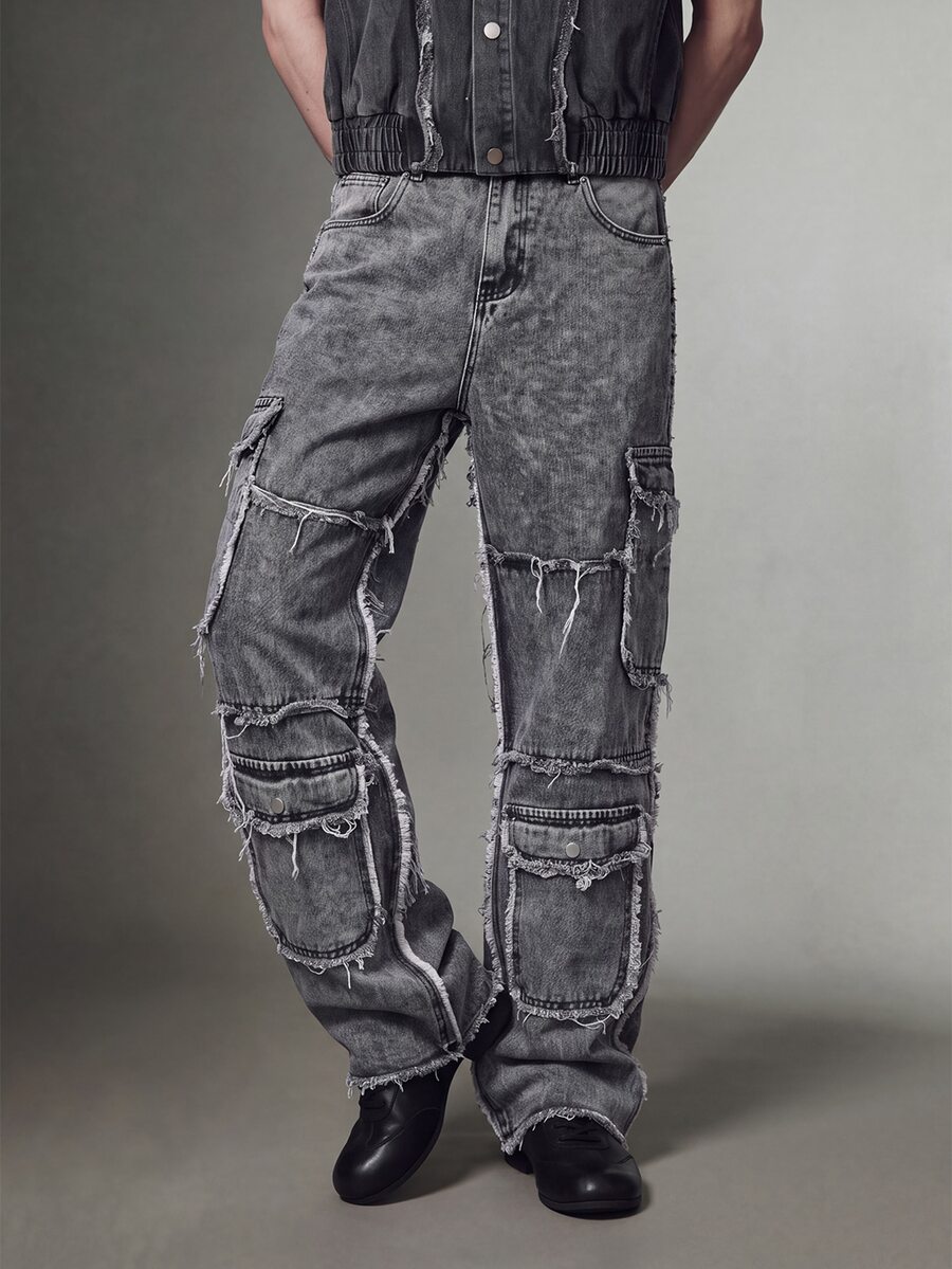 IRON GLYPH Jeans rectos con bolsillos y efecto desgastado para hombre, de uso durante todo el año - Gris - Ver 1