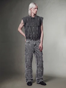 IRON GLYPH Jeans rectos con bolsillos y efecto desgastado para hombre, de uso durante todo el año - Gris - Ver 4