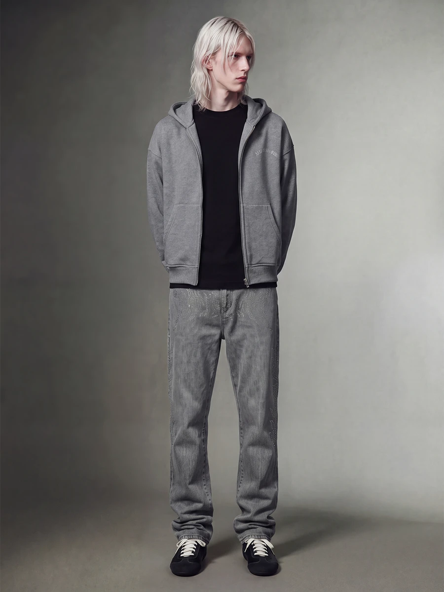 IRON GLYPH Casual Washed Grey Slim Straight Jeans With Rhinestones, Street Style, Spring/Summer - Grey - View 1