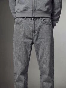 IRON GLYPH Casual Washed Grey Slim Straight Jeans With Rhinestones, Street Style, Spring/Summer - Grey - View 7