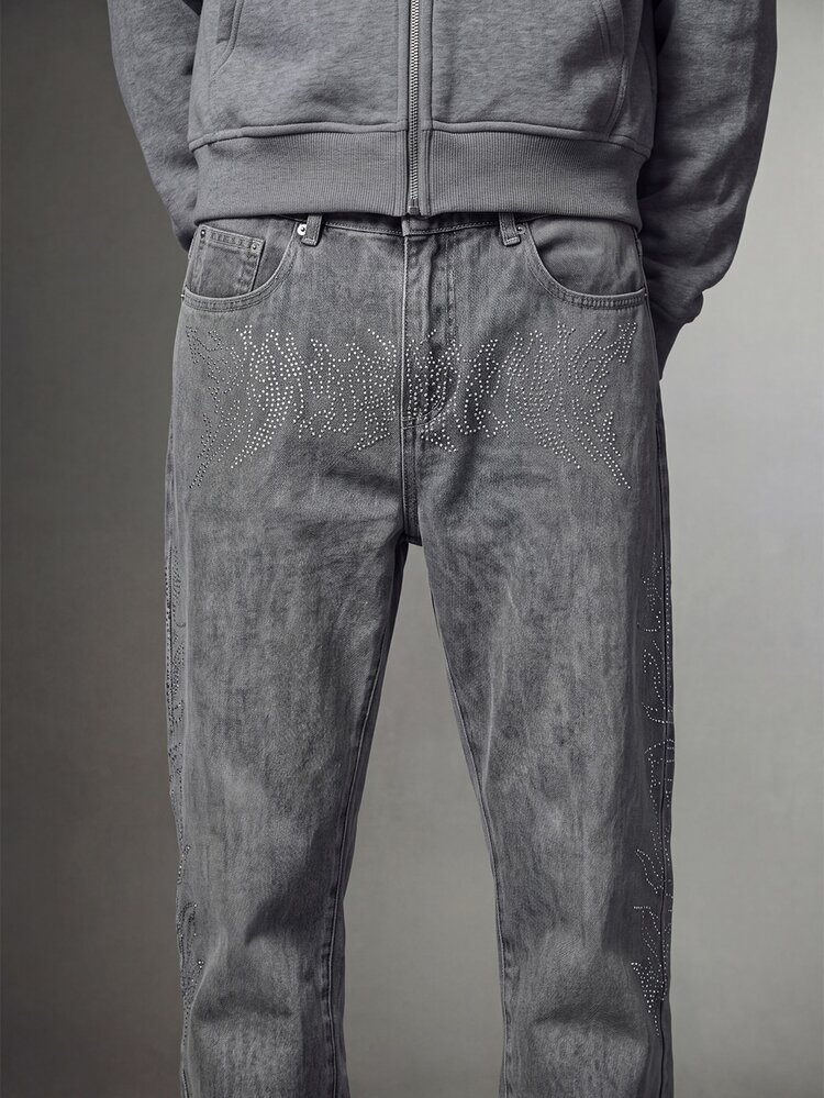 IRON GLYPH Casual Washed Grey Slim Straight Jeans With Rhinestones, Street Style, Spring/Summer - Grey - View 7