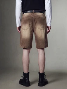 IRON GLYPH Men's Rhinestone Embellished Wide Leg Denim Shorts Night Rave Brown Checkered Summer Y2k 90s Back-To-School - Yellow - View 3