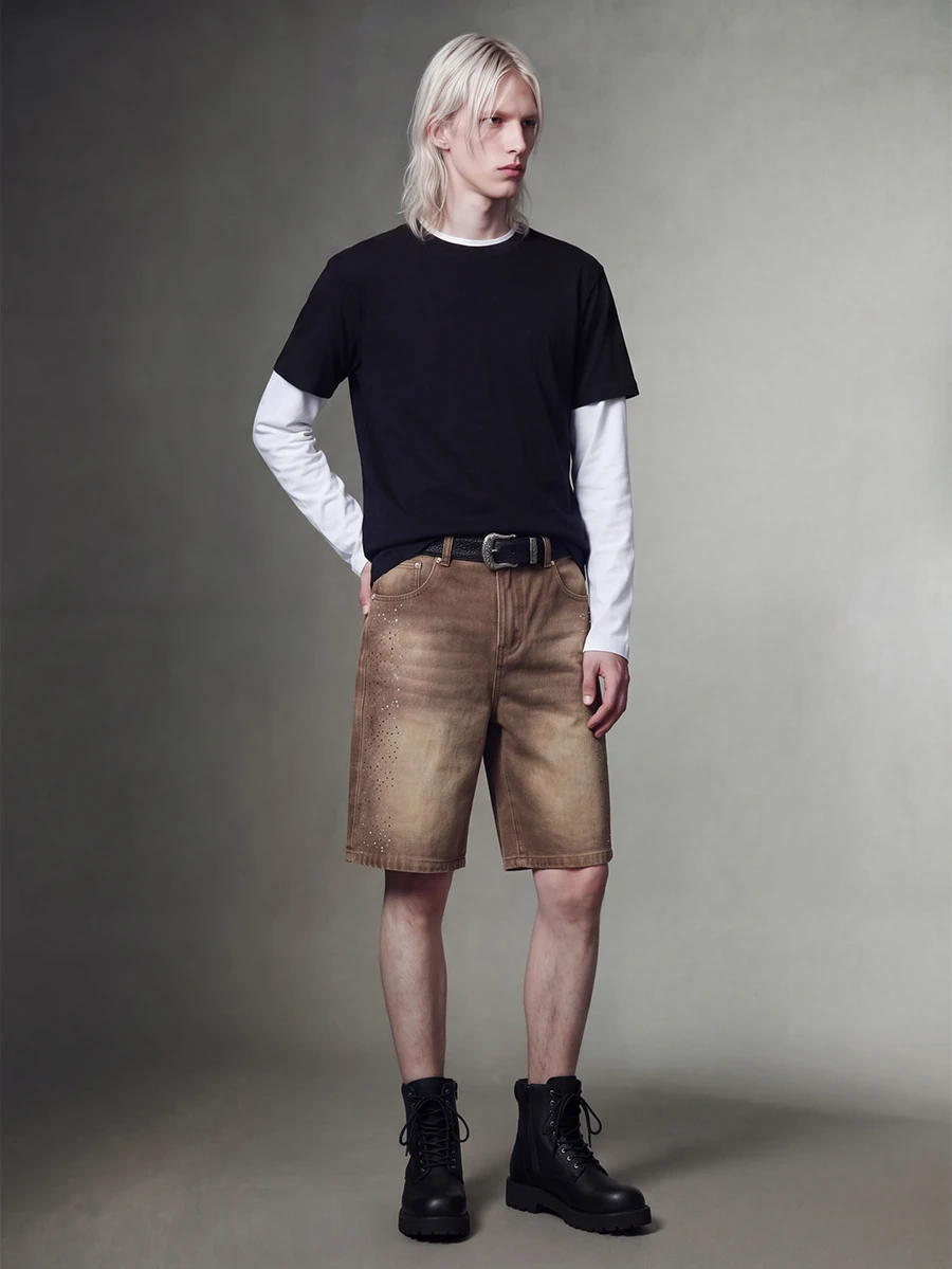 IRON GLYPH Men's Rhinestone Embellished Wide Leg Denim Shorts Night Rave Brown Checkered Summer Y2k 90s Back-To-School - Yellow - View 1