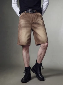 IRON GLYPH Men's Rhinestone Embellished Wide Leg Denim Shorts Night Rave Brown Checkered Summer Y2k 90s Back-To-School - Yellow - View 4