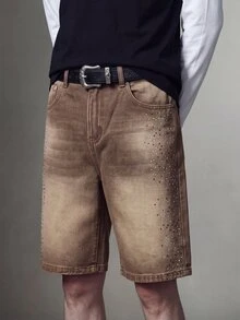 IRON GLYPH Men's Rhinestone Embellished Wide Leg Denim Shorts Night Rave Brown Checkered Summer Y2k 90s Back-To-School - Yellow - View 6