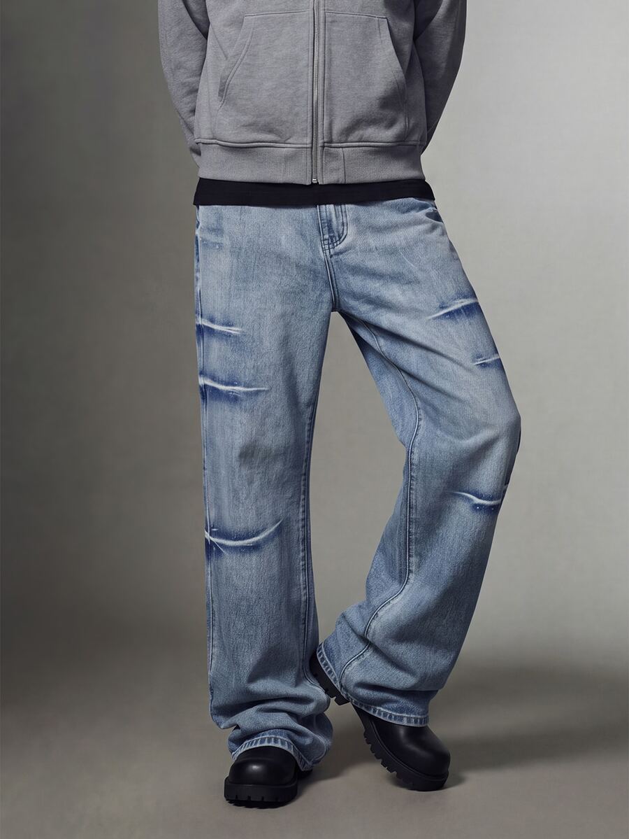 IRON GLYPH Men's Fashionable Flared Pocket Denim Jeans - Blue - View 1