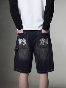 IRON GLYPH Men's Summer Embroidered Back Pocket Loose Fit Denim Shorts, Street Fashion Holiday White Graphic Streetwear - Black - View 2