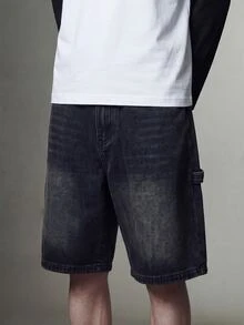 IRON GLYPH Men's Summer Embroidered Back Pocket Loose Fit Denim Shorts, Street Fashion Holiday White Graphic Streetwear - Black - View 6