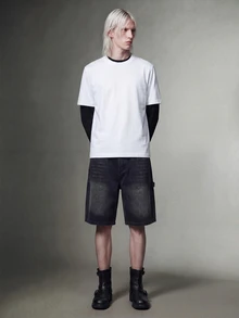 IRON GLYPH Men's Summer Embroidered Back Pocket Loose Fit Denim Shorts, Street Fashion Holiday White Graphic Streetwear - Black - View 5