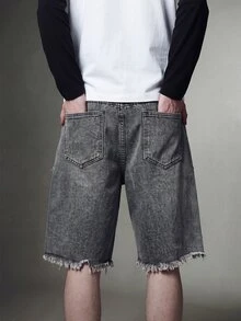 IRON GLYPH 男士夏季灰色拼接水洗毛边牛仔短裤，休闲街头风宽松短裤 - 灰色 - 查看 2