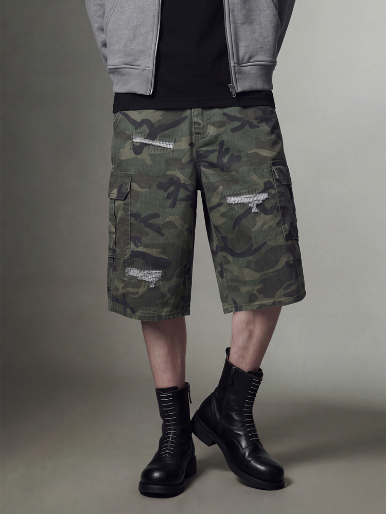 IRON GLYPH Men's Camouflage Print Distressed Cargo Denim Wide Leg Shorts, Holiday - Multicolor - View 1
