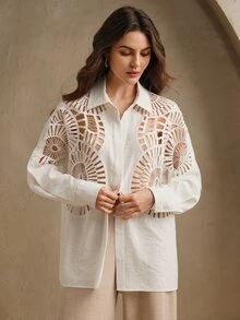 Anewsta Women Soluble Lace Hollow Splice Versatile Collar Button Shirt, Spring/Summer Brunch Vacation White Elegant - White - View 2