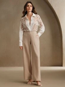 Anewsta Women Soluble Lace Hollow Splice Versatile Collar Button Shirt, Spring/Summer Brunch Vacation White Elegant - White - View 7
