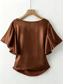SHEIN Franclia 優雅緞面襯衫，短袖襯衫，V領襯衫，休閒襯衫 - 棕色 - 查看 2