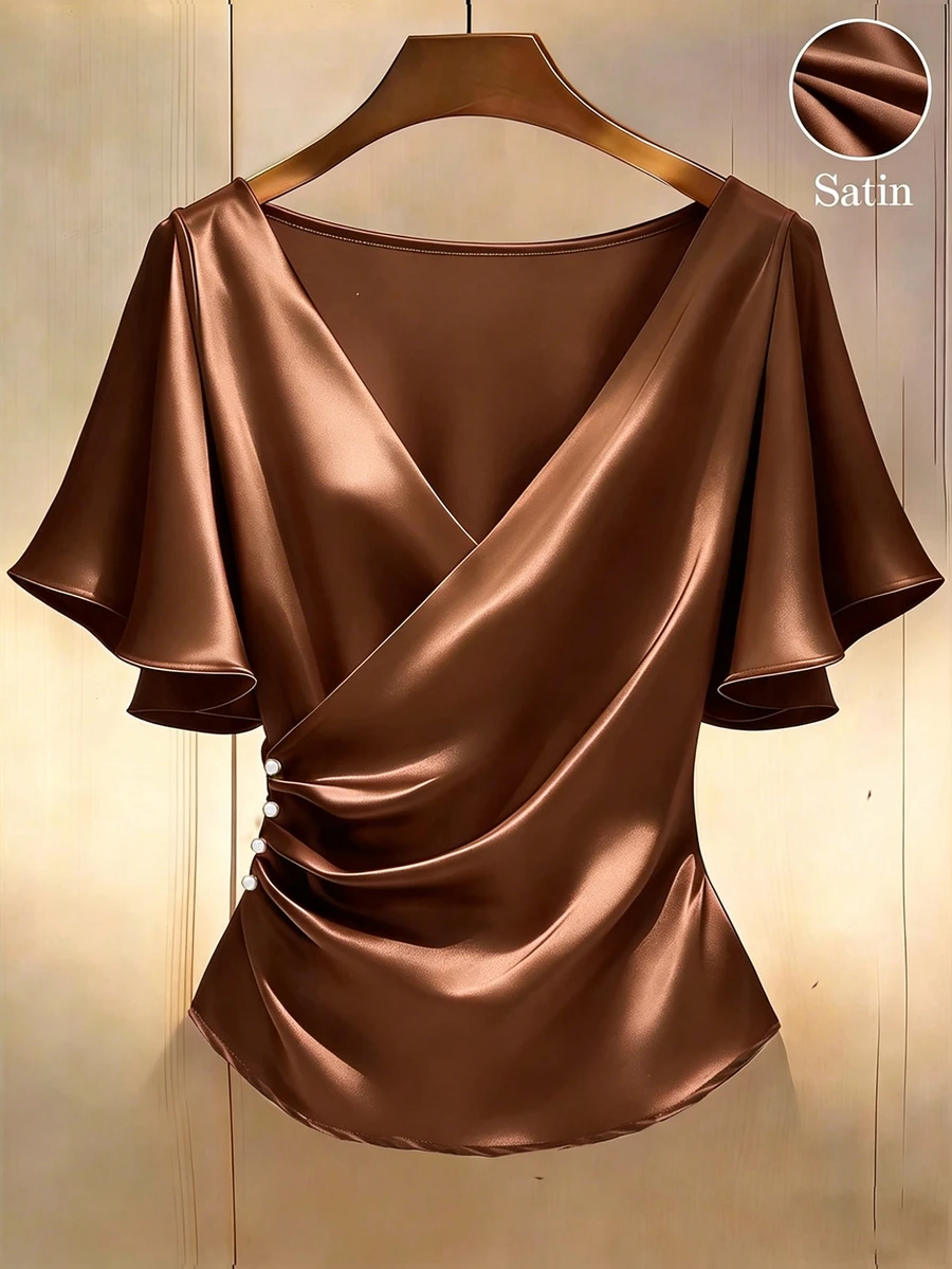 SHEIN Franclia 優雅緞面襯衫，短袖襯衫，V領襯衫，休閒襯衫 - 棕色 - 查看 1