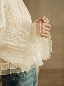 Arave Women's Embroidered Fabric Loose Lazy Court Style Pleated Ruffle Wide Cuff Mock Neck Elegant Slightly Sheer Blouse - Apricot - View 3