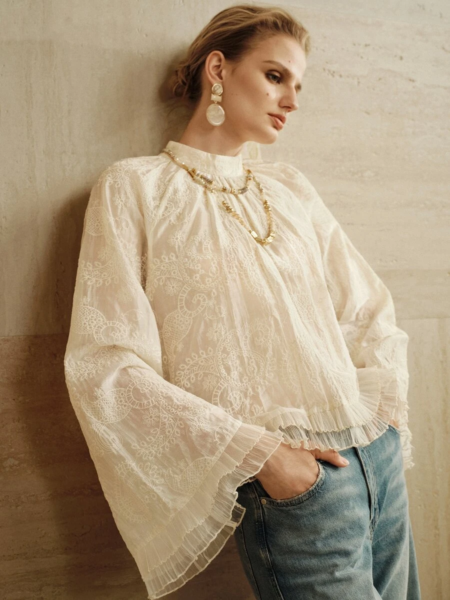 Arave Women's Embroidered Fabric Loose Lazy Court Style Pleated Ruffle Wide Cuff Mock Neck Elegant Slightly Sheer Blouse