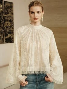 Arave Women's Embroidered Fabric Loose Lazy Court Style Pleated Ruffle Wide Cuff Mock Neck Elegant Slightly Sheer Blouse - Apricot - View 9