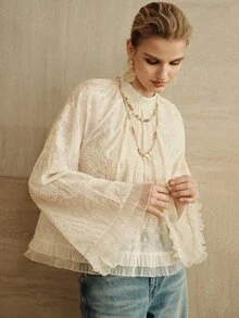 Arave Women's Embroidered Fabric Loose Lazy Court Style Pleated Ruffle Wide Cuff Mock Neck Elegant Slightly Sheer Blouse - Apricot - View 6