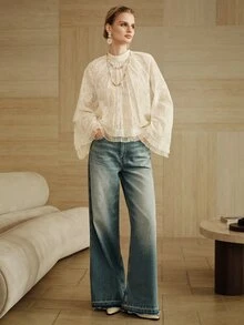 Arave Women's Embroidered Fabric Loose Lazy Court Style Pleated Ruffle Wide Cuff Mock Neck Elegant Slightly Sheer Blouse - Apricot - View 4