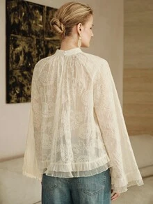 Arave Women's Embroidered Fabric Loose Lazy Court Style Pleated Ruffle Wide Cuff Mock Neck Elegant Slightly Sheer Blouse - Apricot - View 5