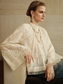 Arave Women's Embroidered Fabric Loose Lazy Court Style Pleated Ruffle Wide Cuff Mock Neck Elegant Slightly Sheer Blouse - Apricot - View 8