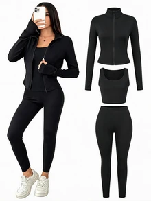 SHEIN 女孩風黑色3件套秋季套裝，立領夾克＋細肩帶背心＋內搭褲，完整日常穿搭，修身不緊繃 - 黑色 - 查看 3
