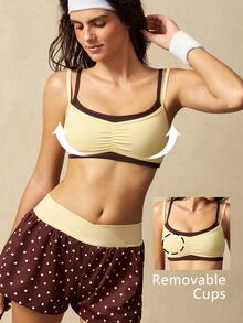 VARSIVA Women's Simple Modest Sporty Versatile Ruched 2 In 1 Sports Bra Workout Gym Brown And Yellow Fall - Multicolor - View 3