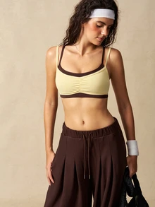 VARSIVA Women's Simple Modest Sporty Versatile Ruched 2 In 1 Sports Bra Workout Gym Brown And Yellow Fall - Multicolor - View 10