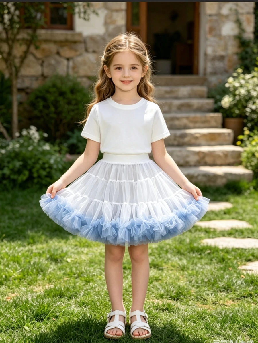 Elladie kids 女童奢華白色薄紗蓬蓬裙,夏季派對 3 歲 7 歲生日芭蕾舞裙,可愛甜美仙女公主風,適合春秋 - 淺藍色 - 查看 1