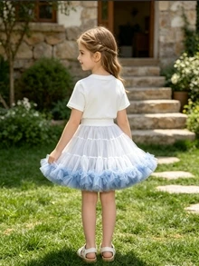 Elladie kids 女童奢華白色薄紗蓬蓬裙，夏季派對 3 歲 7 歲生日芭蕾舞裙，可愛甜美仙女公主風，適合春秋 - 淺藍色 - 查看 2