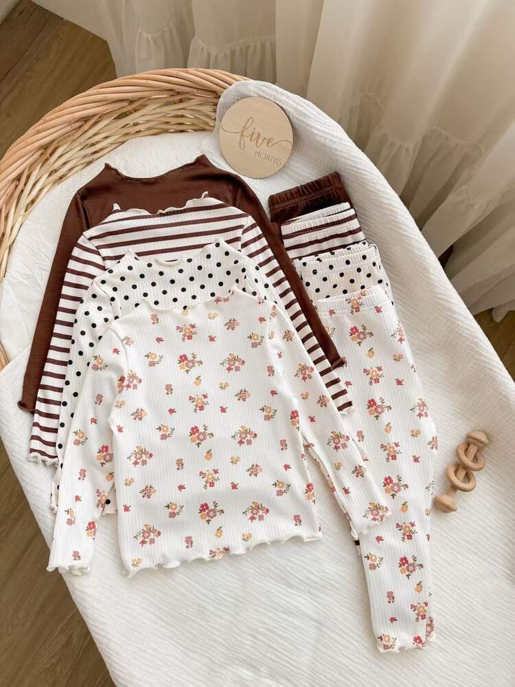 SHEIN Baby Girl 4Set Baby Girls' Summer Casual Outfits, Includes Solid Color & Striped Long Sleeve Tops And Pants Sets - Multicolor - View 2