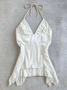 IslaSuriya Sequin Embroidered Ribbon Decor Asymmetric Hem Backless Halter Neck Top For Women - White - View 2