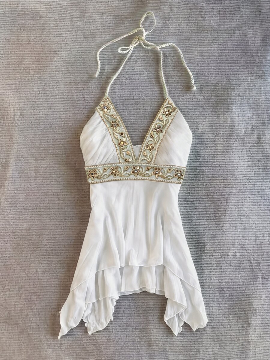 IslaSuriya Sequin Embroidered Ribbon Decor Asymmetric Hem Backless Halter Neck Top For Women - White - View 1