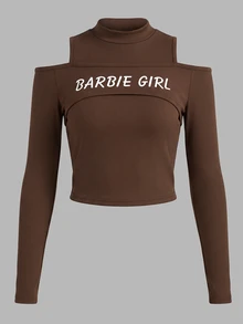 Resyla Women's Letter Print 2 In 1 Long Sleeve Casual Top - Brown - View 4
