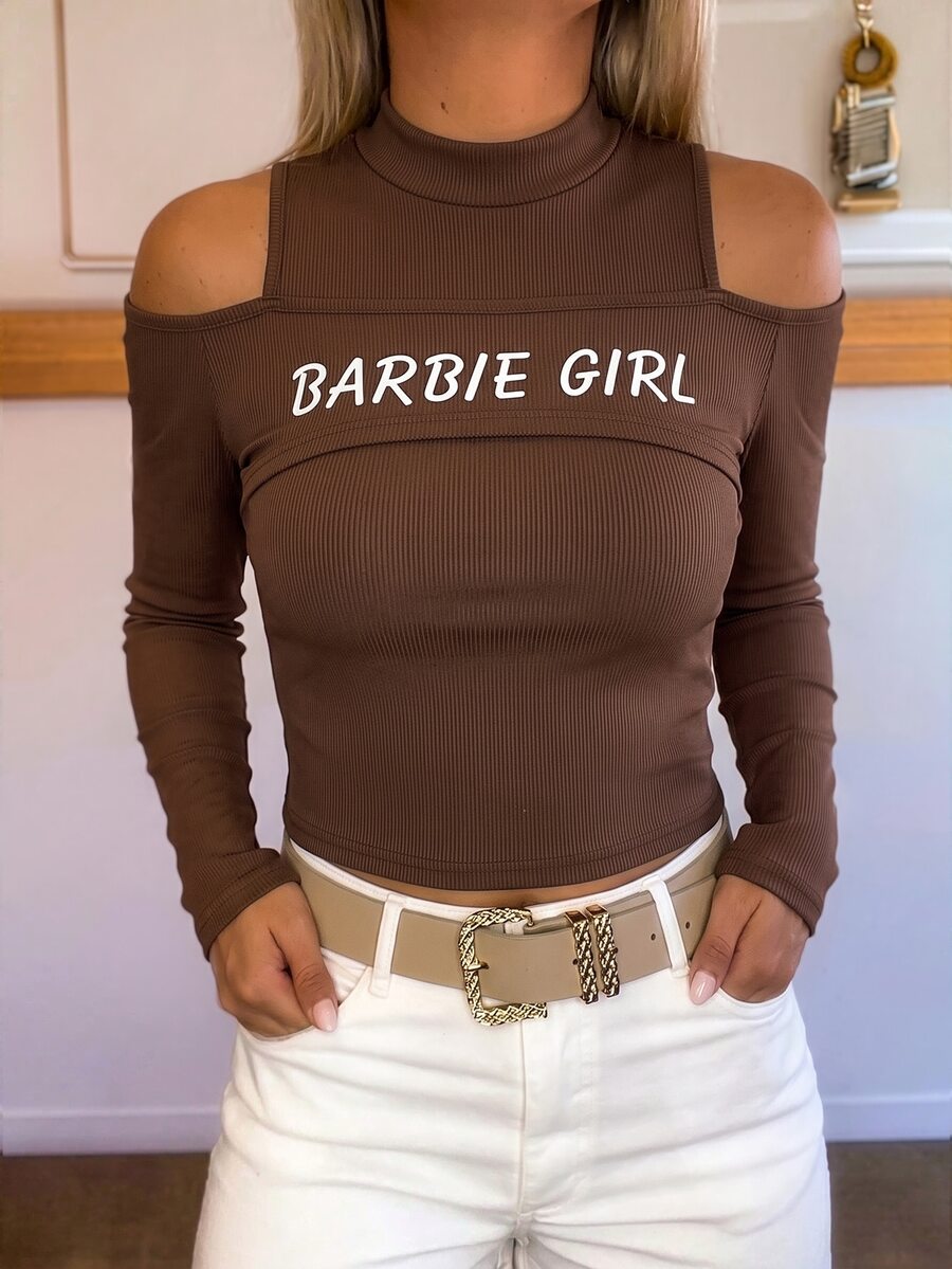 Resyla Women's Letter Print 2 In 1 Long Sleeve Casual Top - Brown - View 1
