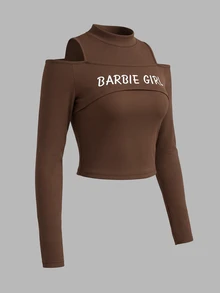 Resyla Women's Letter Print 2 In 1 Long Sleeve Casual Top - Brown - View 3
