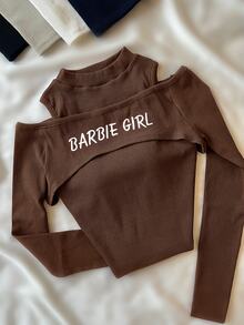 Resyla Women's Letter Print 2 In 1 Long Sleeve Casual Top - Brown - View 1