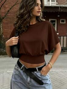 INAWLY Women's Solid Color Casual Versatile Daily Wear Top - Coffee Brown - View 4