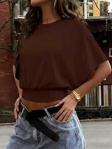 INAWLY Women's Solid Color Casual Versatile Daily Wear Top - Coffee Brown - View 5