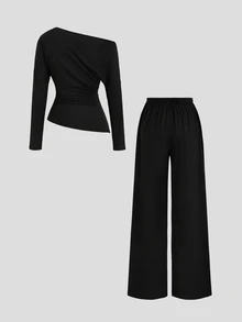 Sweetra New Fashion Versatile Solid Color Asymmetric Shoulder Cinched Waist Long Sleeve Top + Pants 2 Pieces Set, Suitable For Daily Wear And Commuting - Black - View 2