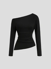 Sweetra New Fashion Versatile Solid Color Asymmetric Shoulder Cinched Waist Long Sleeve Top + Pants 2 Pieces Set, Suitable For Daily Wear And Commuting - Black - View 9