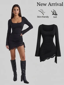 Sweetra New Fashion Versatile Solid Color Asymmetric Shoulder Cinched Waist Long Sleeve Top + Pants 2 Pieces Set, Suitable For Daily Wear And Commuting - Black - View 8
