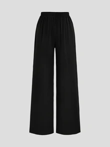 Sweetra New Fashion Versatile Solid Color Asymmetric Shoulder Cinched Waist Long Sleeve Top + Pants 2 Pieces Set, Suitable For Daily Wear And Commuting - Black - View 3